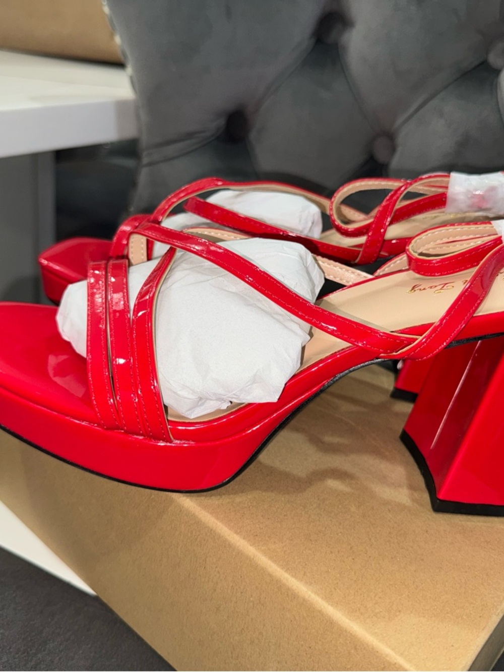 Women’s Red Patent Strappy Block Heel Sandals - Picture 2 of 8